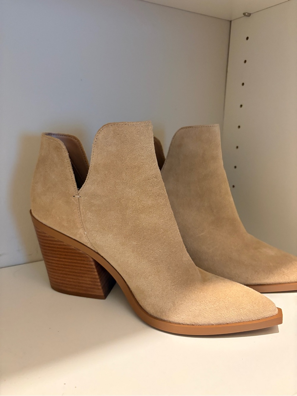 Suede Pointed-Toe Ankle Bootie in Beige